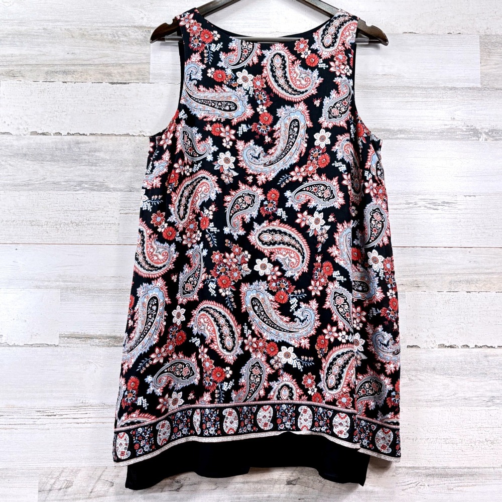 J. Jill Sleeveless Tunic Women Size M Black Paisley Split Back Boho Chic Top